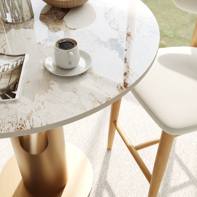 35" Round Counter Height Dining Table - Small Space Kitchen, Glossy Pandora Sintered Stone Top, Bronze Metal Base, Compact Breakfast Nook Table, Easy To Clean