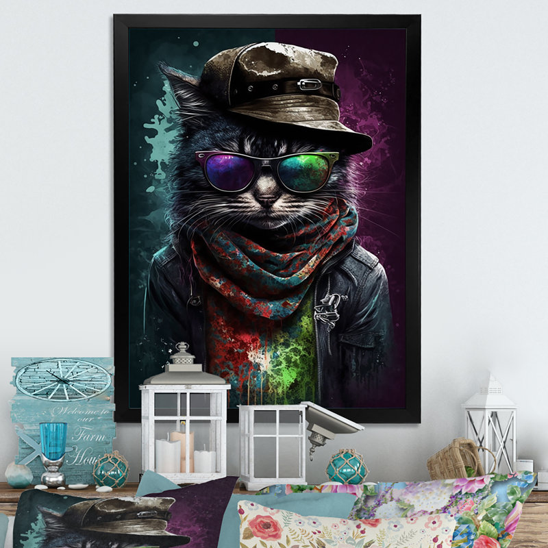 Art mural sur toile Cool Cat avec lunettes de soleil et chapeau II, L 24 po x H 32 po, Impression noire sur toile encadrée
