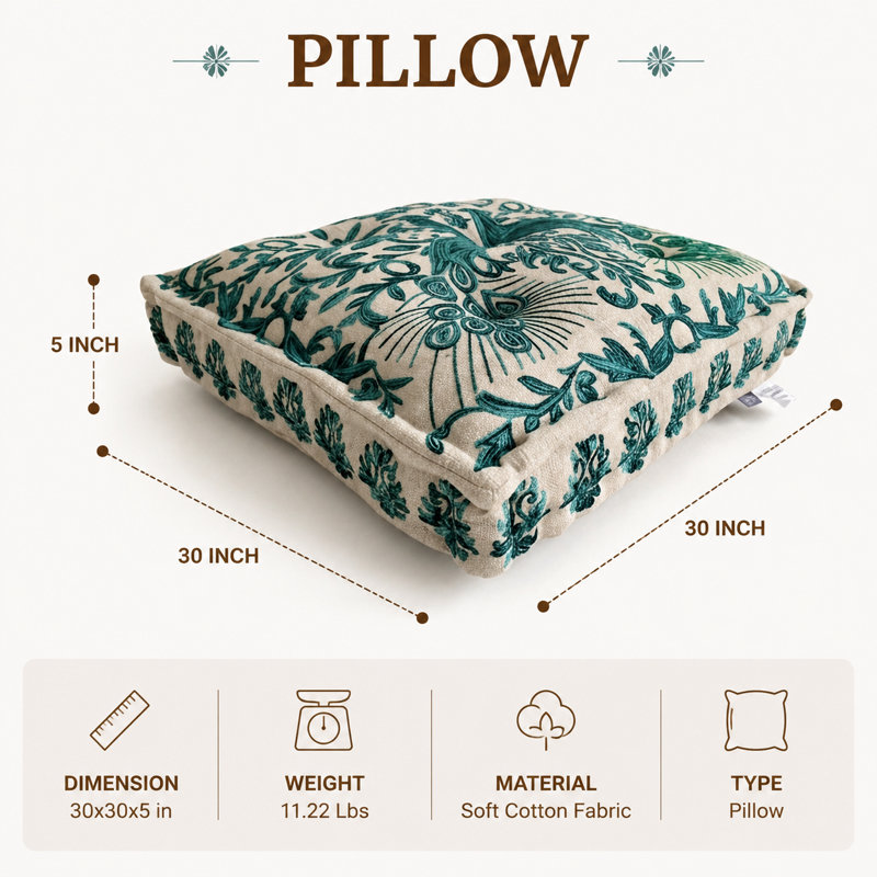 Grand coussin décoratif brodé 30 po x 30 po x 5 po