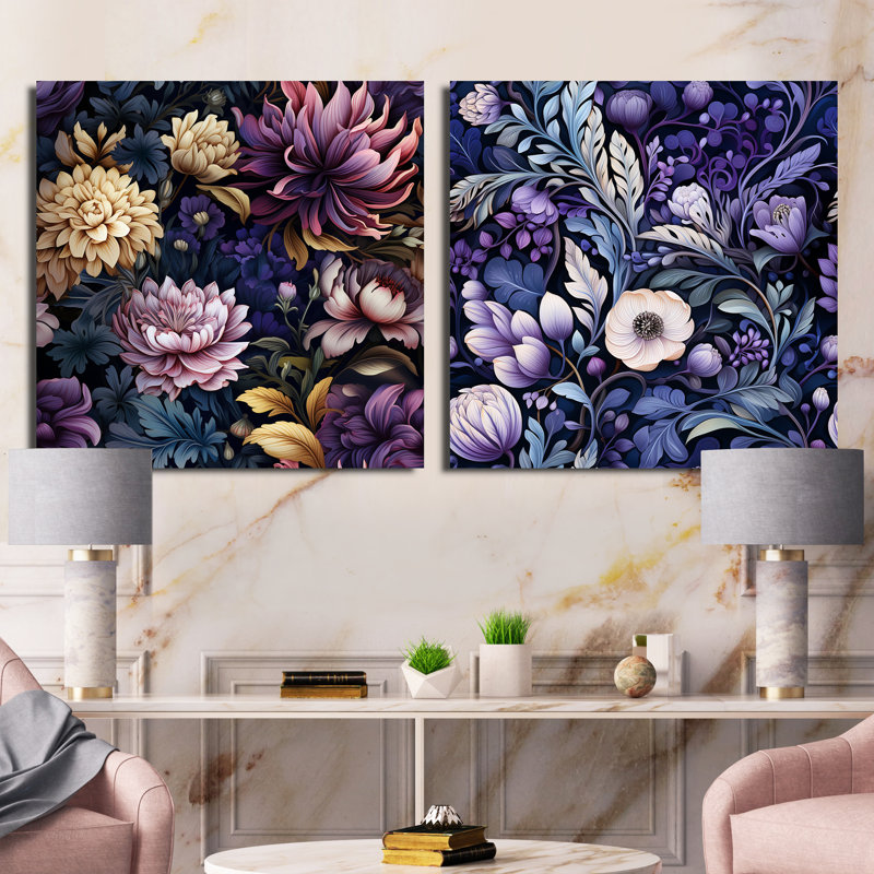 Deep Emerald - lotus mauve enchante - ensemble de 2 collages floraux carrés, Toile tendue, H 16 po x l 33 po