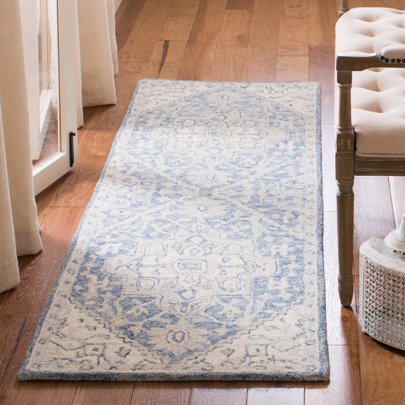 Cyrilmagnin Hand Tufted Wool Cotton Oriental Rug in Ivory/Blue, Runner 2'3" x 11'