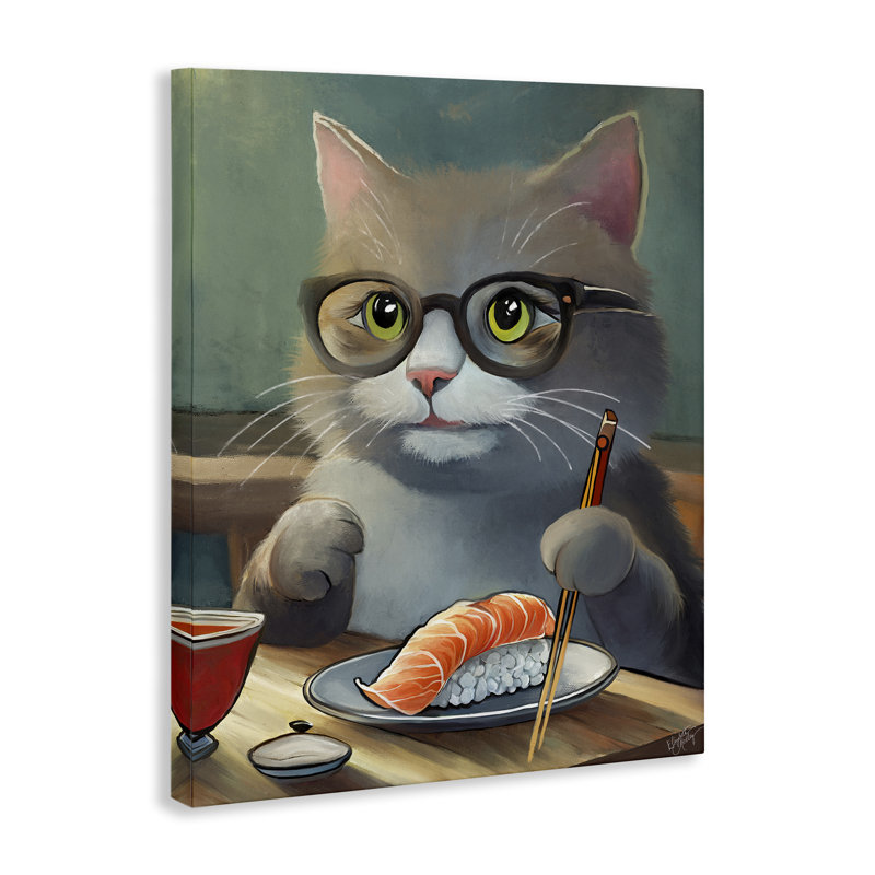 Chat qui mange un sushi, art mural sur toile par Elizabeth Medley, H 40 po x l 30 po