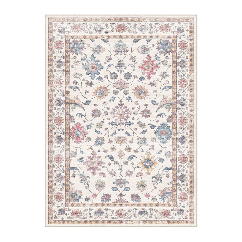 Cherry Machine Washable Floral Area Rug With Non-Slip Backing, Rectangle 3' x 5'