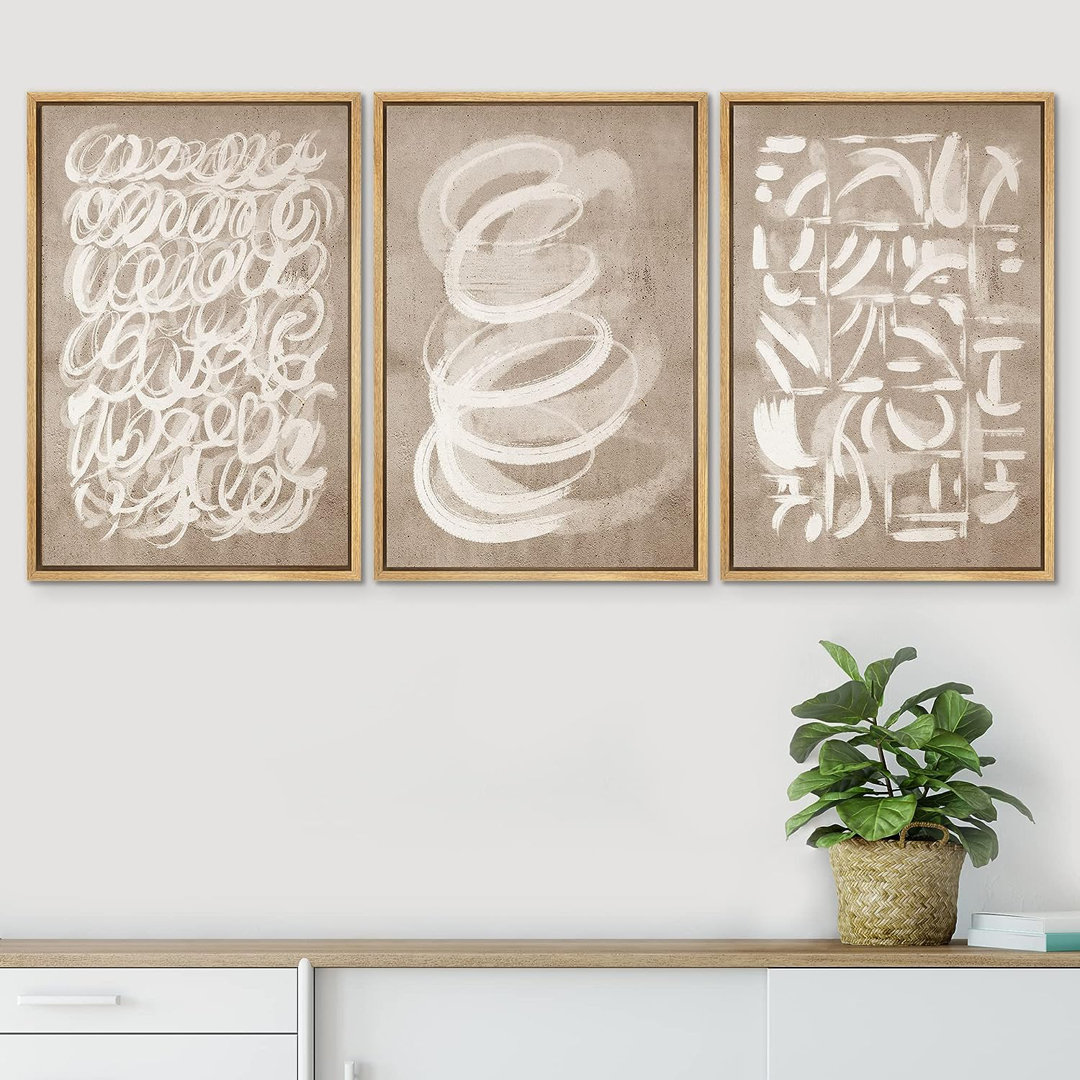 Abstract Pastel Lines " Geometric Brown White Paint Collage Shapes Abstract Illustrations " 3 - Pieces IDEA4WALL 