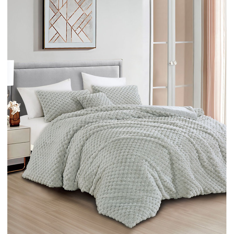 Ensemble d'édredon 4 pièces en fausse fourrure douce et jacquard gris, Édredon très grand et 3 pièces supplémentaires, Gris