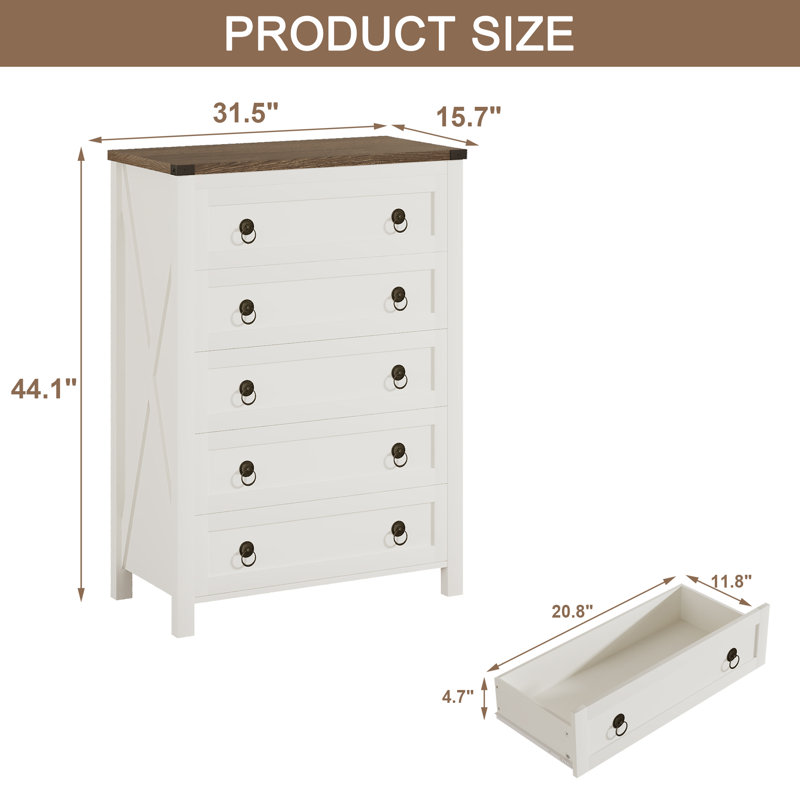 Commode 5 tiroirs Gracie Oaks Farmhouse, White/Brown