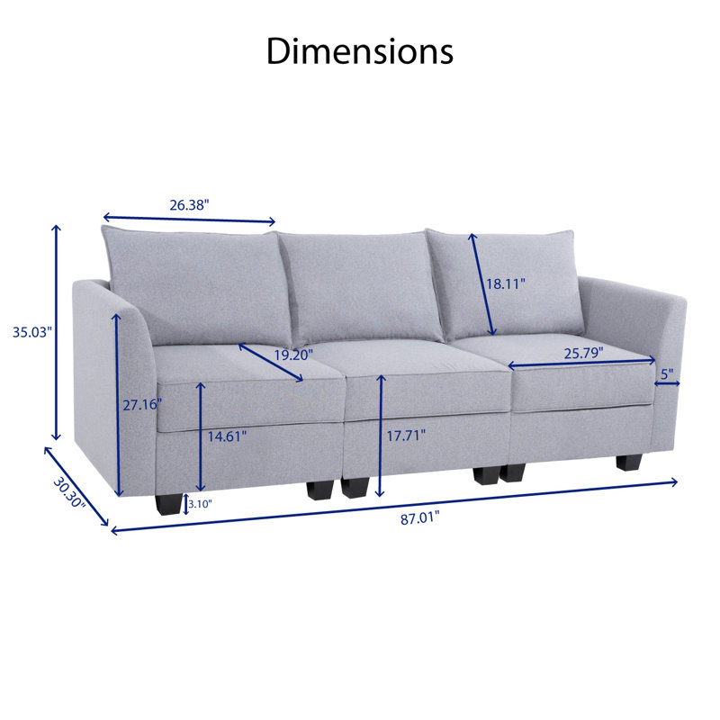 Blerton Modular Living Room Sofa with Soft & Comfortable Seating, Ideal for Small Spaces, Grey 100% Linen