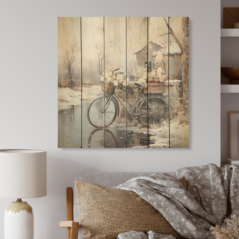 Vélo de charme en hiver - Art mural en bois de bicyclette sur bois de pin naturel, H 36 po x l 36 po