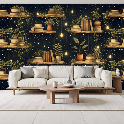 Peel and Stick Wallpaper Cozy Bookshelf Plants Twinkling Lights Bookworm Wall Murals 100"H x 144"W Removable PVC Wall Paper Self-Adhesive Wall Paintings Art Decor for Bedroom Living Room
