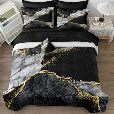Black Marble Comforter Set King Size 8 Pieces Bed in a Bag Gold Metallic Marble Design Bedding with 1 Comforter, 4 Pillowcase, 1 Flat Sheet, 1 Fitted Sheet, 1 Cushion Cover