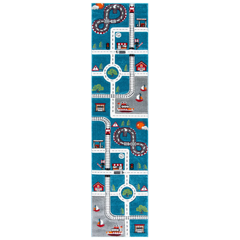 Hildreth Turquoise/Ivory Kid's Area Rug, Runner 2' x 8'