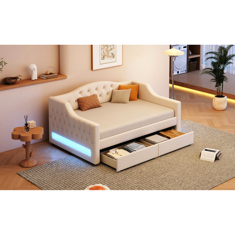 Lit simple TG, lit de jour, beige, tissu d'ameublement, ceinture à DEL, 2 tiroirs, lattes, lin revêtu à usage constant, sans sommier, petite chambre