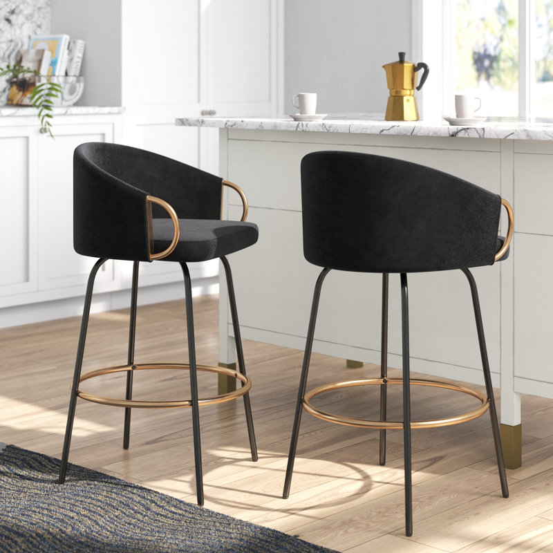 Tabouret de comptoir en velours à hauteur fixe de 26 po avec pieds en métal noir et repose-pieds doré Josie, Velours noir