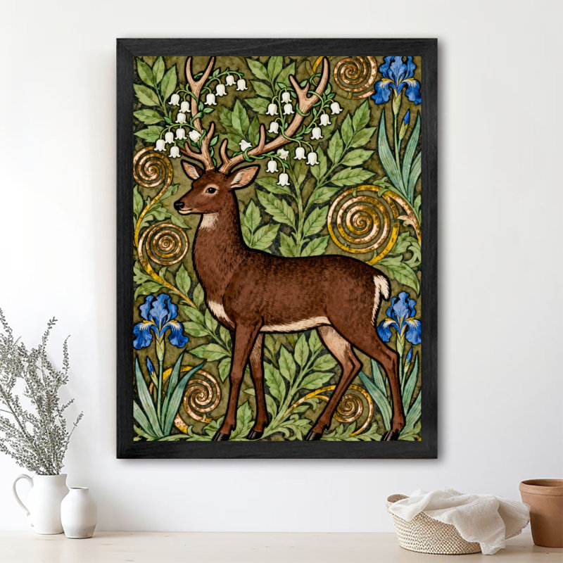 Art mural rétro noir avec encadrement noir William Morris, cerf blanc, H 37 po x l 25 po