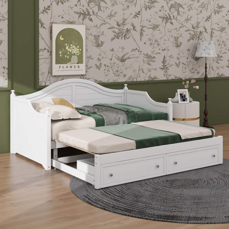 Canapé-lit simple en bois avec lit gigogne escamotable et tiroirs de rangement pratiques, Blanc