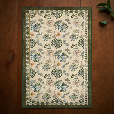 Chinoiserie Floral Rug Vintage Romance Design Washable Non-slip Carpet Green/Beige