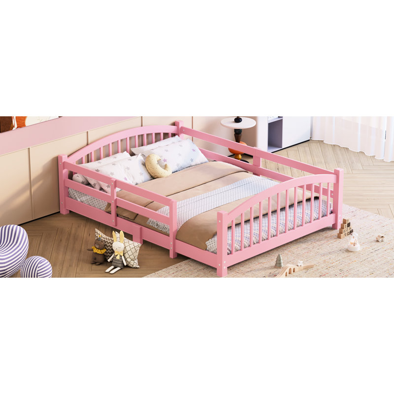 Lit à plancher double en bois massif rose, avec garde-corps et lattes, pour une bonne nuit de sommeil - taille fabriquée en bois, assemblage simple