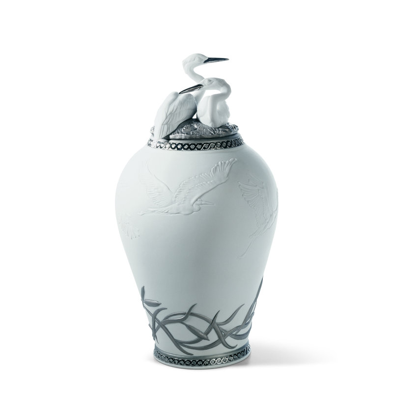Elegant Herons Realm Porcelain Table Vase in Silver Lustre