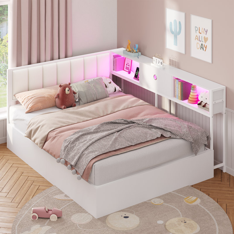 Full Size Corner Bed With Hydraulic Storage,Full Daybed With Bookcase And Charging Station,Lift Up Storage Bed Frame With Upholstered Headboard And Led Lights,Metal Platform Storage Bed,White