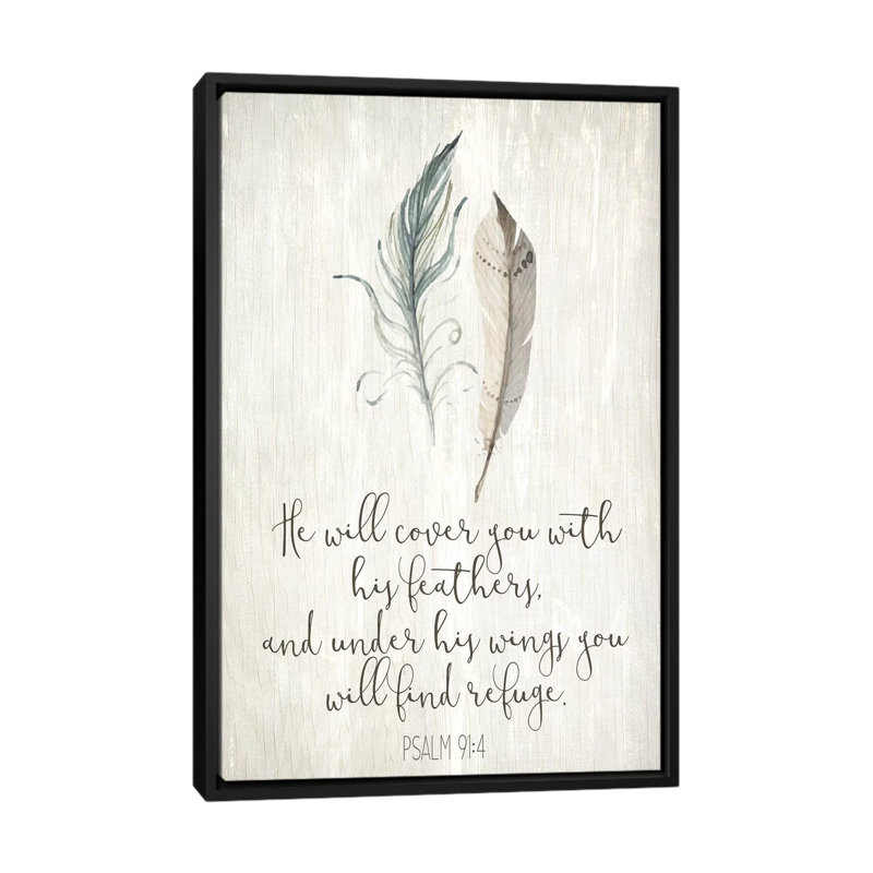 Reproduction d’art textuel, "his Feathers I" par Kimberly Allen, H 26 po x l 18 po x 1,5 po, Toile avec cadre noir