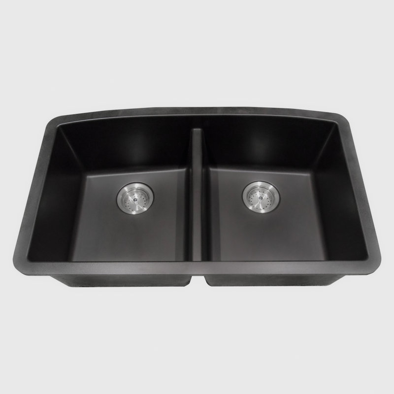 32 in. x 19 in. Quartz Undermount 50/50 Double Bowl Kitchen Sink, Black