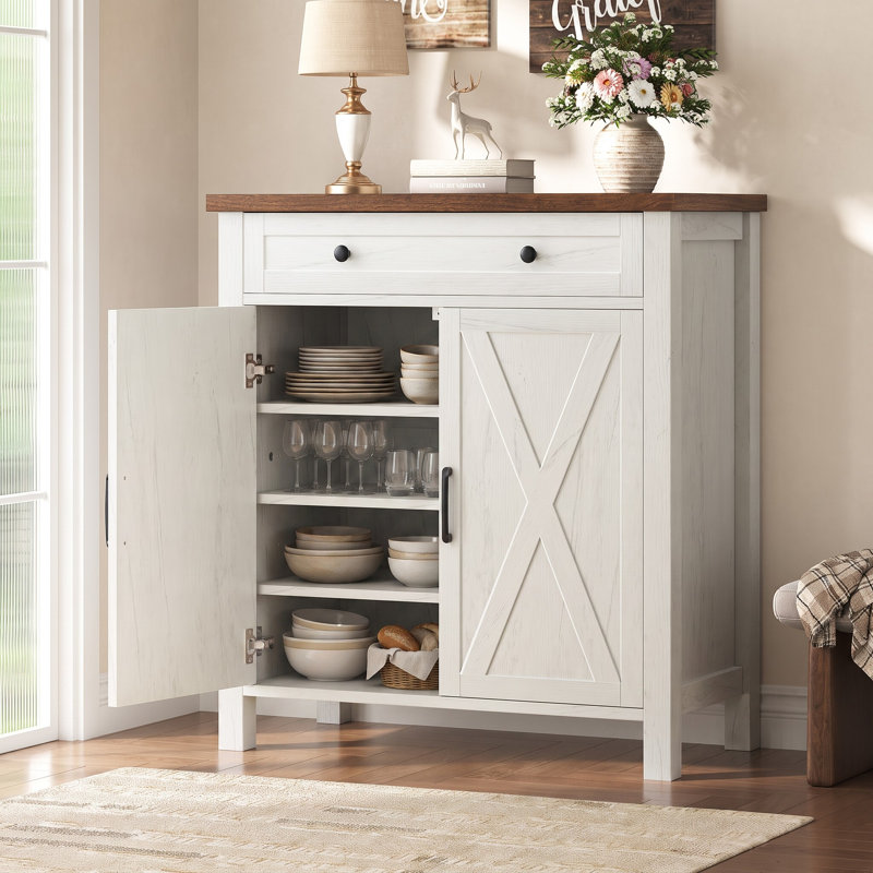 Buffet Farmhouse avec tablettes réglables, tiroir et portes de grange en X, White