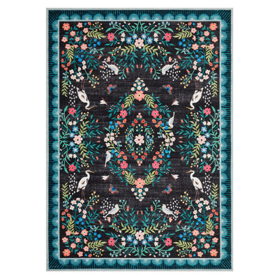Floral Area Rugs for Living Room Bedroom, Washable Non Slip Vintage Floor Rugs Large Low Pile Oriental Distressed Carpet