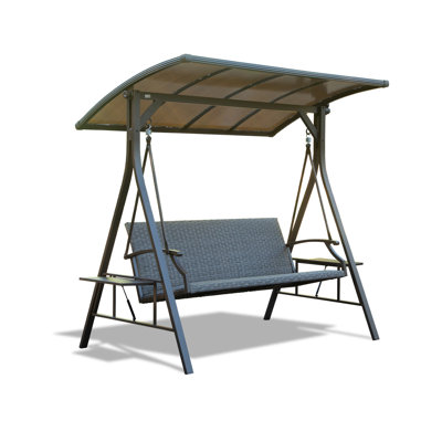 3-Seat Outdoor Porch Swing with Adjustable Polycarbonate Hardtop Canopy, Heavy-Duty Steel Frame Wicker Patio Swing Bench with Side Tables