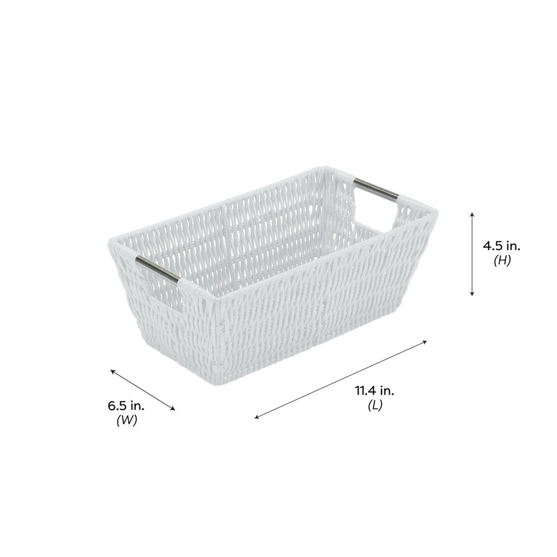 White Rectangular Rattan Storage Basket with Stainless Steel Handles