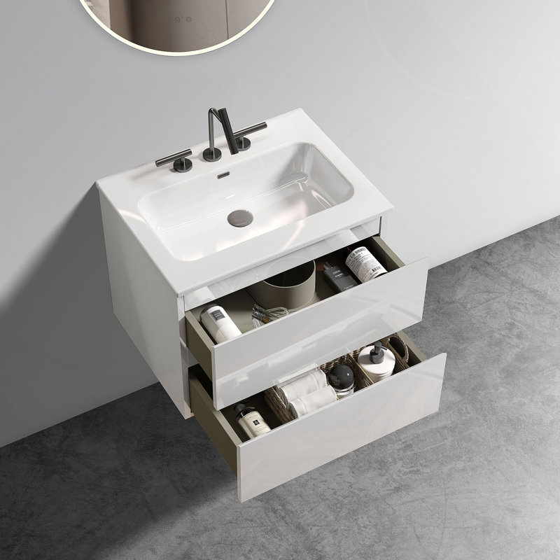 Meuble-lavabo mural 24 po avec lavabo en céramique, Blanc lustré