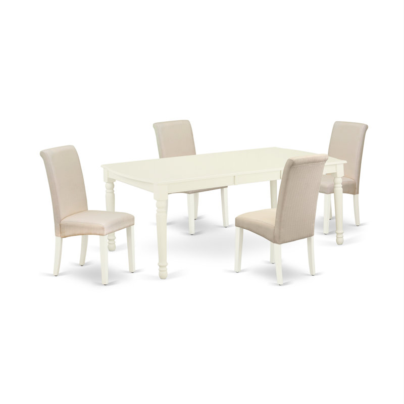 L'ensemble de table de cuisine 5 pièces pour 4 personnes comprend une table de cuisine rectangulaire avec feuille papillon et 4 chaises de salle à manger Parson en tissu crème, lin blanc