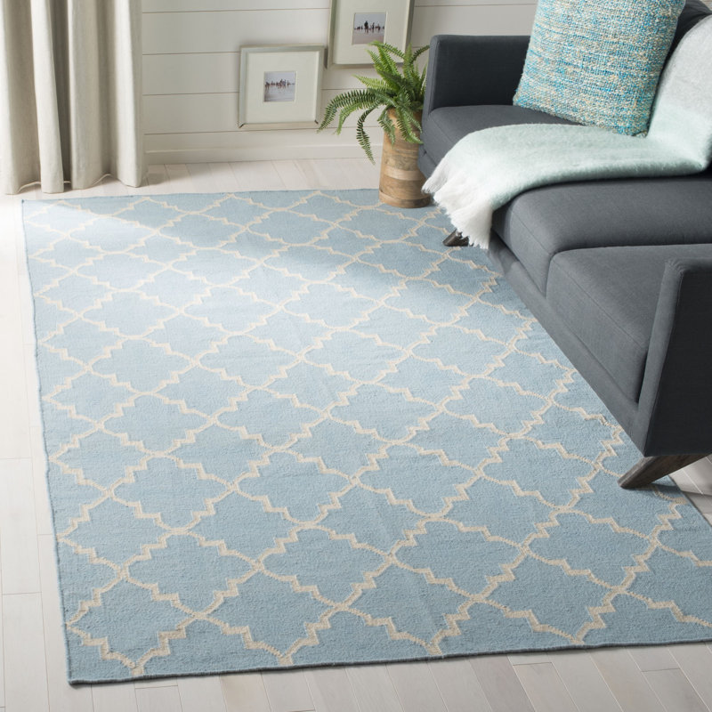Mccall Hand Woven Flat Weave Wool/Cotton Geometric Rug in Light blue/Ivory, Rectangle 6' x 9'