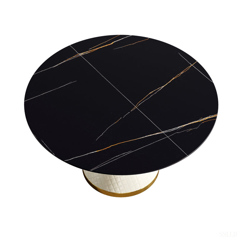 Table de salle à manger moderne en pierre artificielle ronde en acier au carbone pouvant accueillir 6 personnes, Noir / Beige