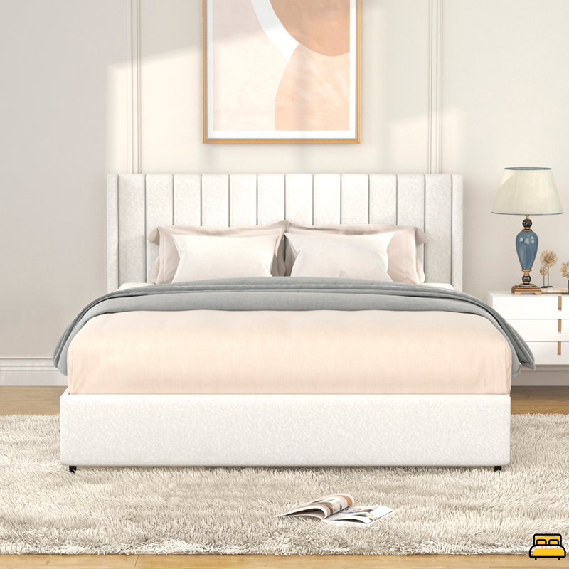 Lit plateforme à 2 tiroirs avec grand lit tapissier ivoire, tête de lit capitonnée, sommier à lattes en bois, aucun sommier nécessaire