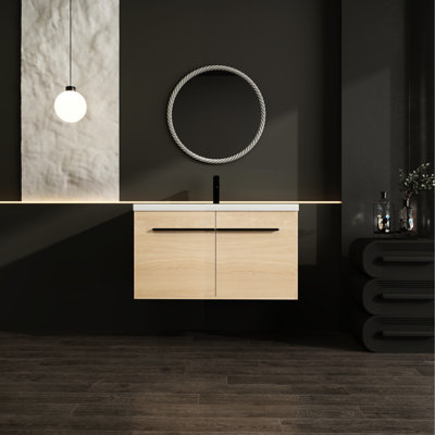 Armoire de salle de bain en résine pour comptoir - meuble-lavabo en chêne 30 po avec lavabo, armoire 2 portes, résistante aux rayures et au ternissement, conception américaine