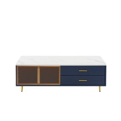 Modern Navy Blue Coffee Table With 2 Glass Door Storage, 4 Drawers, Gold Metal Legs, And Multi-Color Lighting In 47.2''