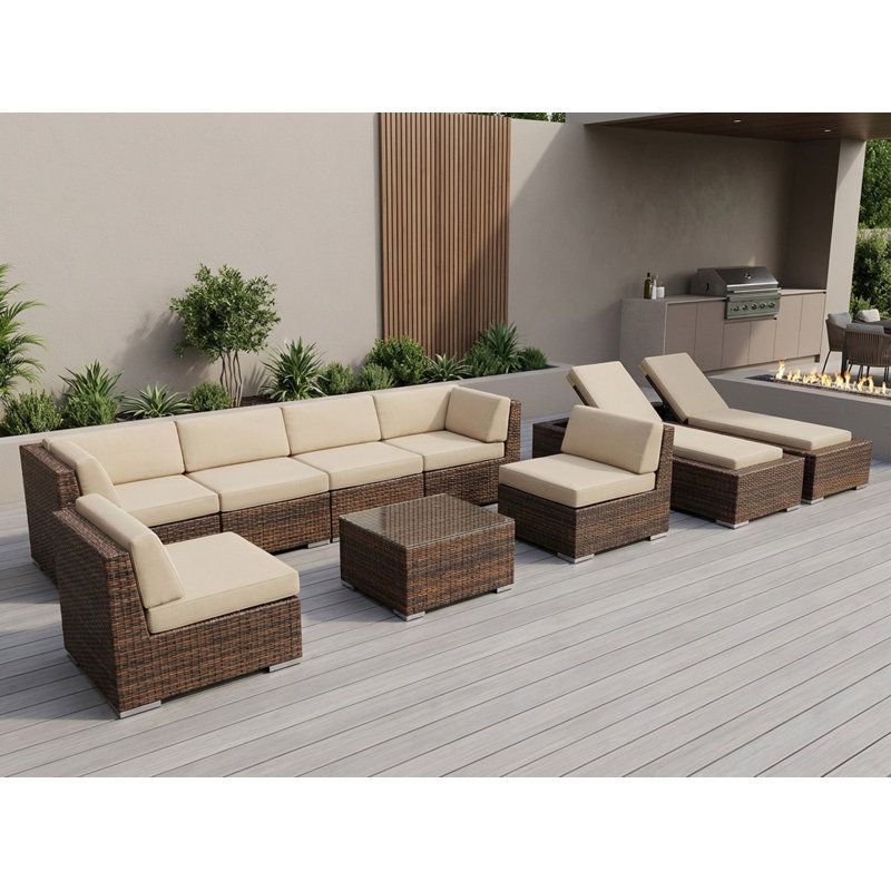 Ensemble de conversation modulaire en rotin avec coussins 9 pièces Barna - aucun assemblage requis, Mélange de bruns