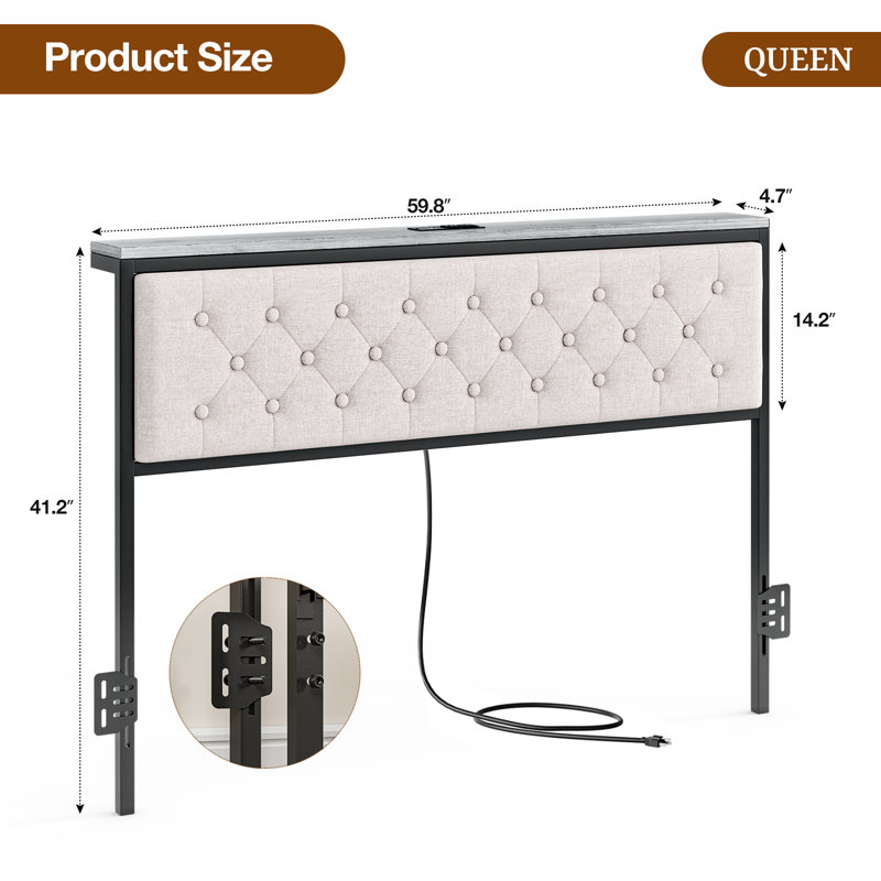 Headboard With Storage And Charging Station, Upholstered Storage Headboard Only With Bed Frame Brackets Adapter, Button Tufted Design, Easy Assembly
