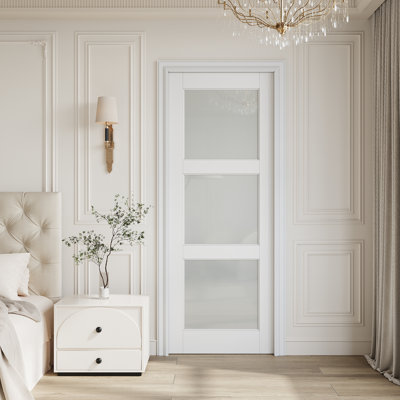 36" x 96" 3-Lite Tempered Frosted Glass Interior Slab Door, White Primed Paint‑Ready Interior Slab Door, w/o Hardware, for Bedroom, Closet, Hallway, Living Room, Pantry & Bathroom, Ideal for Prehung, Barn, Pocket, French & Bifold Door