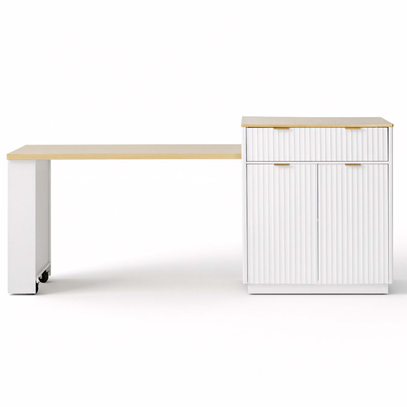 82.6" Fluted Kitchen Island With Extendable Dining Table For 4-6, Island Table For Kitchen With Power Outlet, Kitchen Table With Double-Side Storage, 2 Drawers 2 Side Open Shelves