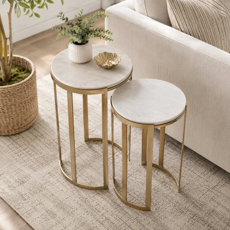 Sanches Round Marble Top Nesting End Tables with Gold Iron Metal Frame - Modern Side Tables for Living Room, Bedroom, Office or Entryway - White & Gold