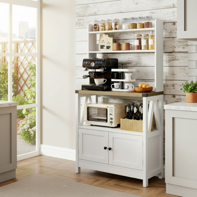 Four à micro-ondes autoportant à cinq couches avec tablettes et portes d'armoire; Le comptoir épaissi peut être utilisé comme un café; La conception sur pied s'intègre bien dans le rangement de la cuisine.