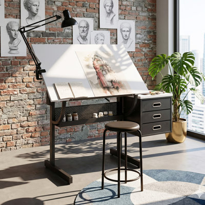 Adjustable Drafting Table Art Desk with 3 Drawers, Stool and Storage Shelf, Modern Craft Station - White