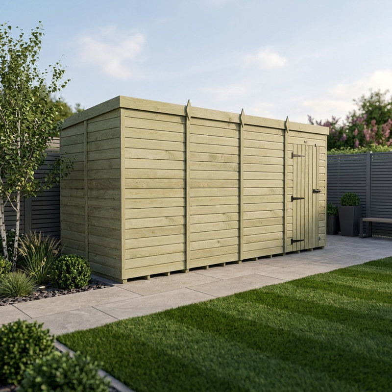 Total Sheds 16ft x 7ft Pent Garden Shed - Single Door - No Windows - Pressure Treated Timber - UK Manufactured