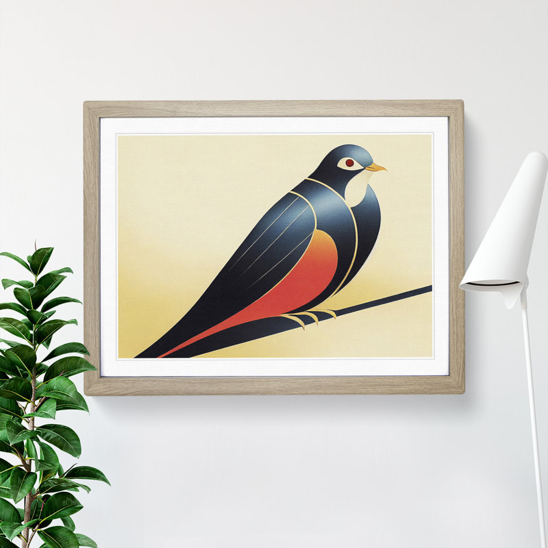 Dove Bird Deco Abstract - Single Picture Frame Print, 25cm H x 34cm W x 2cm D, Oak