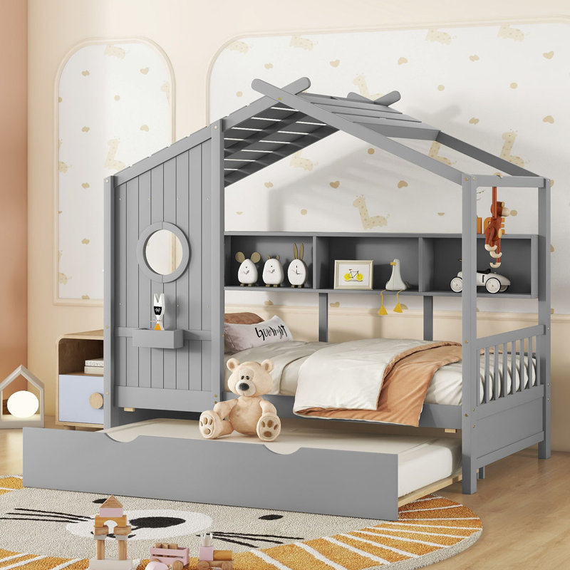 Lit en bois avec lit gigogne, Gris, Lit simple