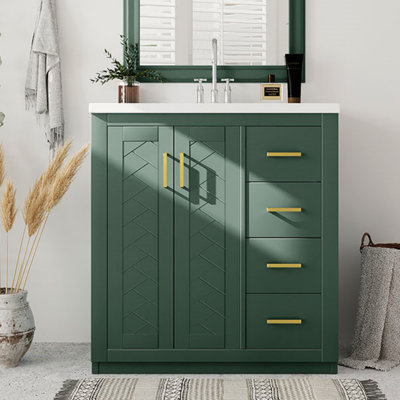 30'' Bathroom Vanity With Ceramic Sink Combo, Solid Wood Frame Bathroom Storage Cabinet, Freestanding Vanity Set With 3 Drawers& Soft Closing Doors