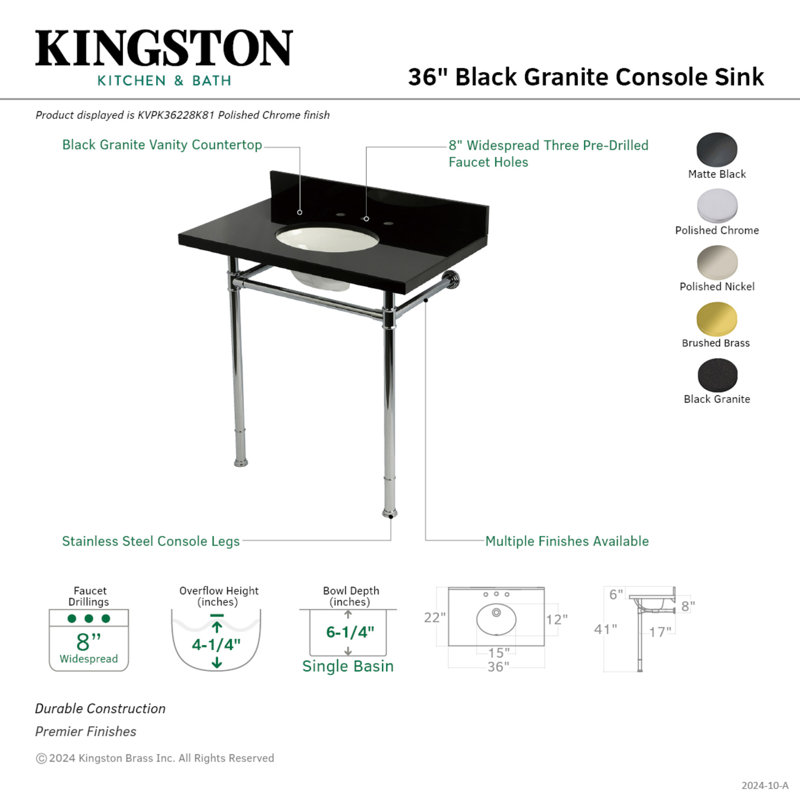 Kingston Brass Imperial 36-Inch Black Granite Console Sink with Stainless Steel Legs (8-Inch, 3-Hole), Matte Black