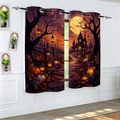 2Pcs Halloween Blackout Curtains, Spooky Haunted House Pathway Moon Art Wall Decor, Room Darkening Thermal Insulated Drapes for Living Room Bedroom Home