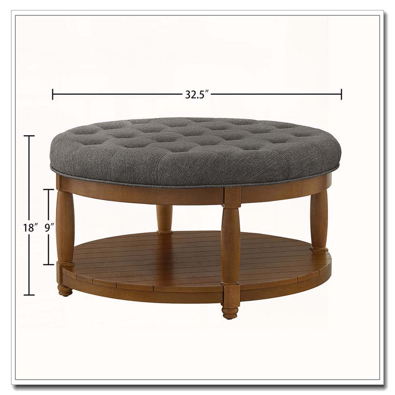 Upholstered Tufted Linen Ottoman Coffee Table, Charcoal, Round